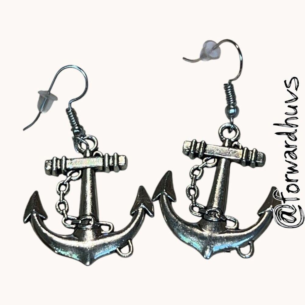 Anchor Dangle Earrings Nautical Silver Tone Fish Hook Boho Coastal
